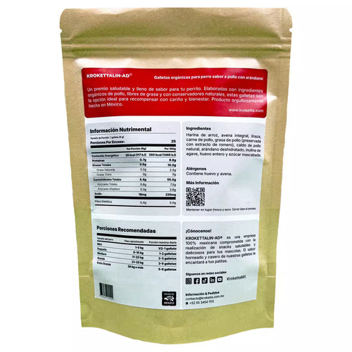 Parte trasera del empaque de galletas para perros de pollo con arándano