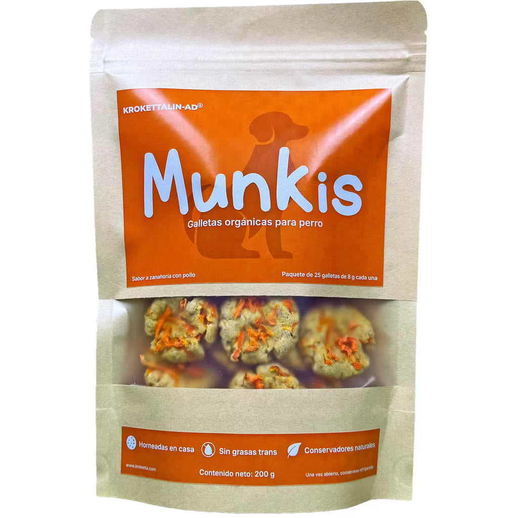 Empaque frontal de galletas para perros de pollo con zanahoria Munkis